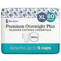 Because Premium Overnight Plus Pull Up Underwear - Absorbs 6 Cups of Liquid, Soft & Leak-Proof, White, X-Large - 80 Count (4 Packs of 20)