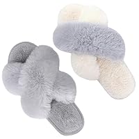 Parlovable Set of 2 Pairs-Women's Plush Cross Band Slippers Furry Fur Open Toe Cozy House Shoes Comfy Anti-Slip, US Size 7-8 (Grey,White/Grey)