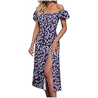 Womens Summer Floral Beach Sundress Puff Sleeve Wrap Boob Tube Top Corset Midi Dress Side Slit Sexy Flowy A-Line Dress