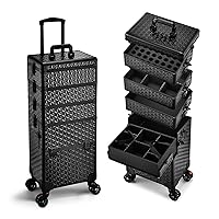 5 in 1 Professional Makeup Train Case on Wheels, Extra Large Cosmetic Case Aluminum Rolling Makeup Case Trolley Makeup Travel Organizer with 360° Swivel Wheels, Black