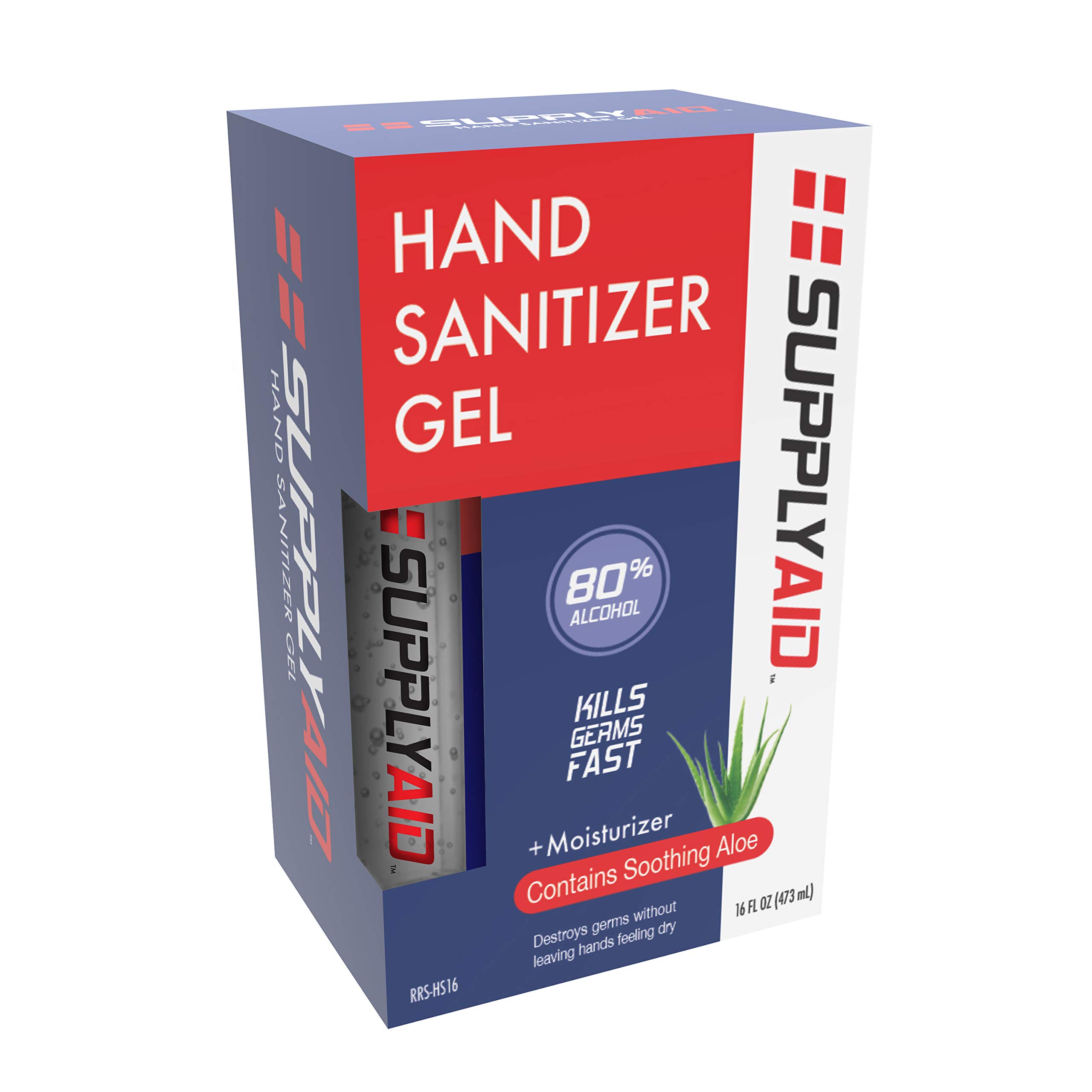 SupplyAID 80% Alcohol Hand Sanitizer Gel w/Soothing Aloe FDA # 74035-1051-5, 16 Fl Oz, Pack of 2