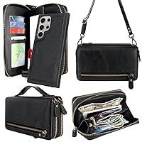 Harryshell Compatible with Samsung Galaxy S24 Ultra 5G Case Wallet Multi Zipper Detachable Magnetic Cover Purse with Card Slots Holder Mirror Crossbody Wrist Strap for S24 Ultra 6.8 inch (Black)