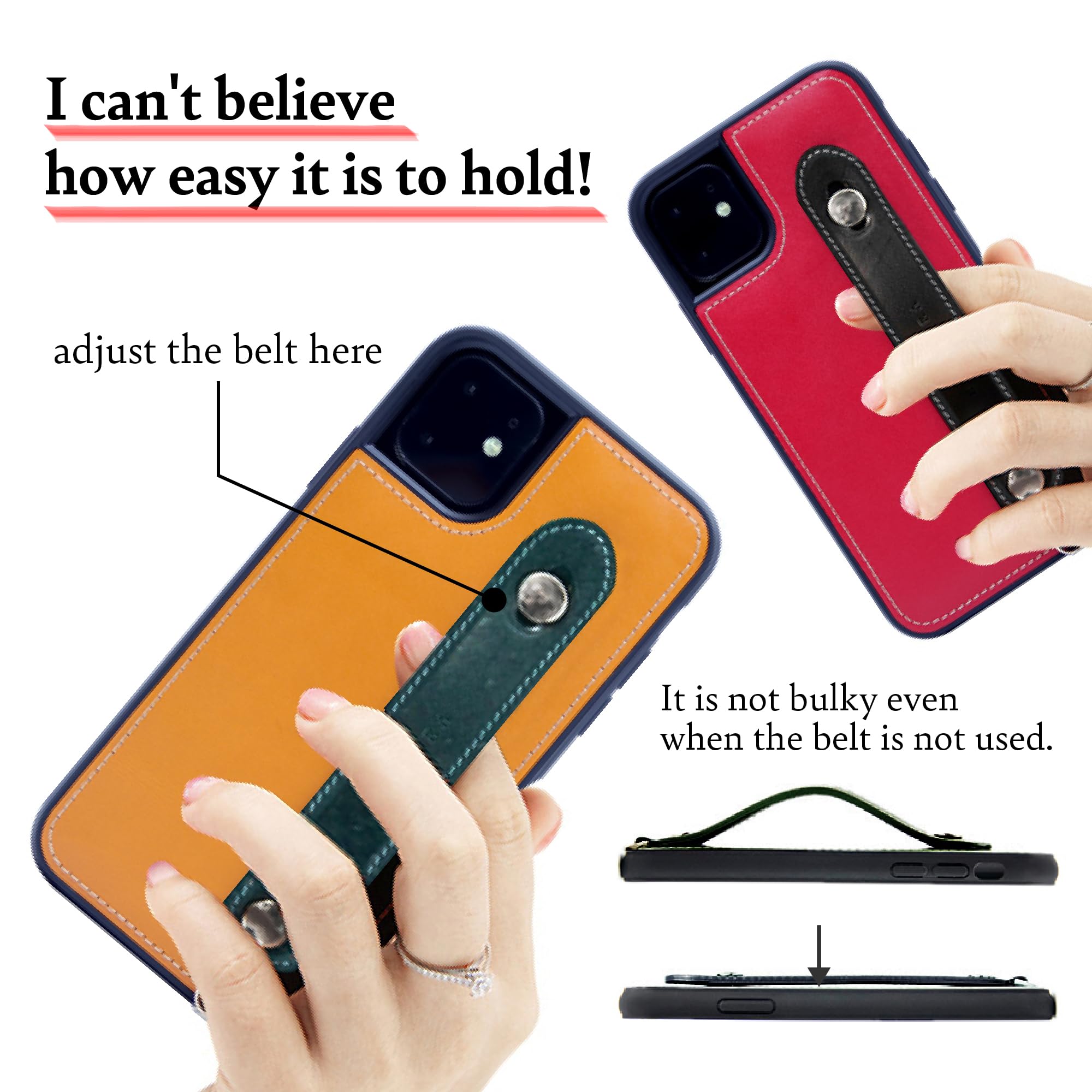 hanatora] iPhone 11 Pro Max Case Genuine Leather Leather Grip Leather Strap Attached Italian Cowhide Tanned Leather One-Handed Card Slot Stand Function Men's Women's Red/Orange CGH-11ProMax-Red-OG-US