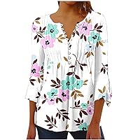 Womens Summer Fall Tops 2023 2024 3/4 Sleeve Floral Printed Tunic Shirts Basic Stone Printing Tees Button Blouses
