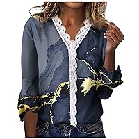 3/4 Sleeve Blouse for Women Irregular Hem Shirt Retro Print Lace V Neck Tops T Shirt Comfy Casual Loose Blouse