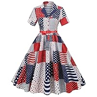 Maxi Dress for Women Women Vintage 1950s Retro Short Sleeve V Neck Flag Print Party Prom Swing Dress