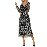 YiZYiF Women's Sequin Tassel Long Party Dresses V-Neck Mesh Long Sleeve Formal Prom Cocktail Maxi Dress