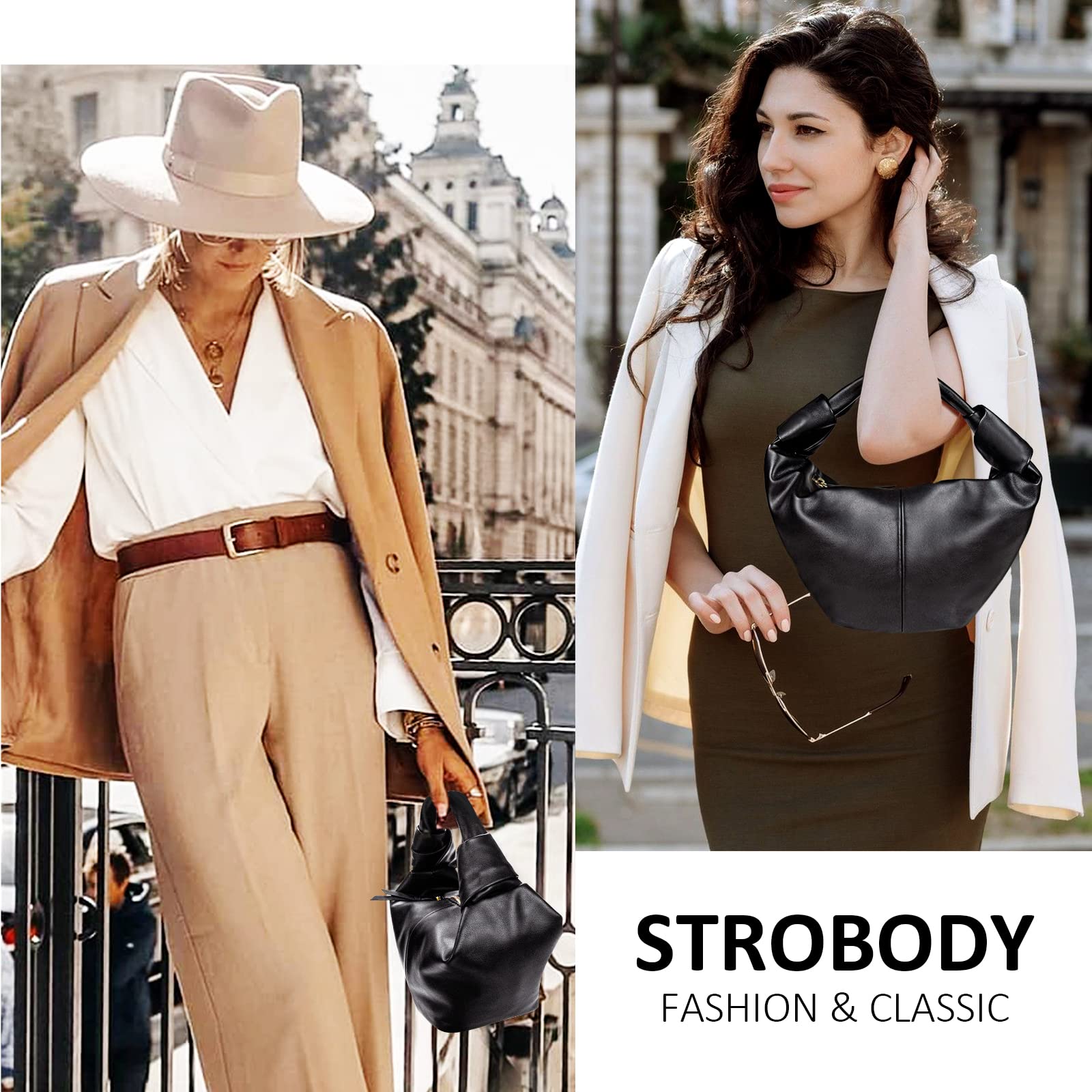 Strobody Women's Hobo Handbag and Purse, Soft Leather Shoulder Bag Satchel Clutch with Zipper Closure, Fashion Retro Designer Top Handle Bag for Work,Travel,Shopping