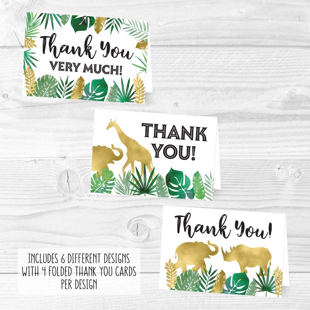24 Safari Thank You Cards With Envelopes, Kids or Baby Shower Thank You Note, Jungle Greenery Gold 4x6 Varied Zoo Animal Giraffe Gratitude Card Pack For Party, Girl Boy Children Birthday Stationery