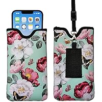 Men Women Neoprene Shockproof Phone Sleeve Pouch Carrying Case Bag with Neck Lanyard, Belt Loop Holster for iPhone 15/14 Pro Max, 15/14 Plus; Samsung S24+, S23, A54, Z Fold5 (Turquoise Floral)