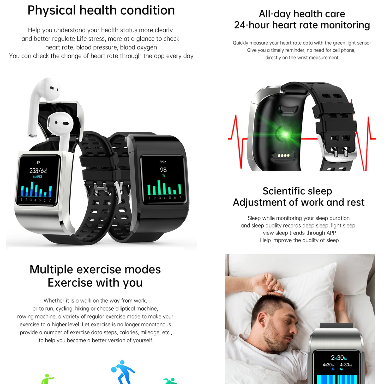 G36 Smart Bracelet 2 in 1 Smart Watch TWS Wireless Bluetooth Headset 1.3 Inch Screen Heart Rate Blood Pressure Oxygen Fitness Tracker Earbuds Music Wristband Earphone Smartwatch (G36Pro Black)