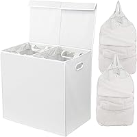 Double Laundry Hamper with Lid and Removable Bags, White