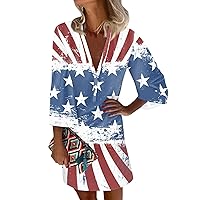 4th of July Summer Dress Patriotic Dress for Women Sexy Casual Vintage Print with 3/4 Length Sleeve Deep V Neck Independence Day Dresses Multicolor 3X-Large