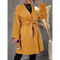 2022 Women's Plus Size Coats Fashion Plus Waterfall Collar Belted Overcoat Work Leisure Fashion Comfortable Warm (Color : Mustard Yellow, Size : 4X-Large)