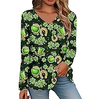 Women's St Patty Day T-Shirts Long Sleeve V Neck Lucky Clover Print Tops Going Out Blouse for Leggings