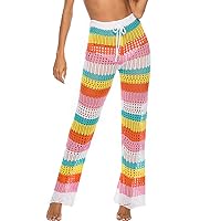 PEHMEA Women's Crochet Beach Pants Hollow Out Rainbow Swimsuit Cover Up Trousers