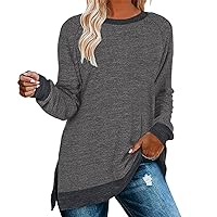 Long Sleeve Shirts for Women Crew Neck Shirts Side Split High Low Hem Pullover Tunic Tops Loose Ribbed Knit Blouses