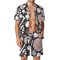 Bone Teeth Eye Footprint Brain Print Men's Hawaiian Sets Button-down Short Sleeve Shirts And Shorts Loose Fit Beach Outfits