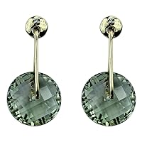 Green Amethyst Natural Gemstone Round Shape 925 Sterling Silver Uniqe Drop Dangle Earrings | Yellow Gold Plated
