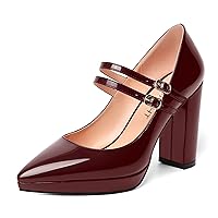 Womens Dating Platform Patent Pointed Toe Adjustable Strap Buckle Fashion Dress Chunky High Heel Pumps Shoes 4 Inch