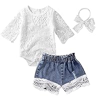 Baby Girl Clothes Infant Outfits White Lace Romper + Ripped Jeans + Headband 3PCS Summer Clothing Set
