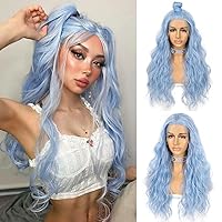 SAPPHIREWIGS Blue Wavy Lace Front Wig Long Hair Ice Blue Wigs for Women Heat Resistant Hair Daily Use Cosplay Party Halloween Wig 24inch