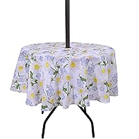 SUQ I OME Patio Tablecloth with Umbrella Hole,Garden Tablecloth with Umbrella Hole and Zipper,Table Cloths for Host Backyard Parties, BBQs,Family Gatherings(Daisy, 60'' Round with Zipper)
