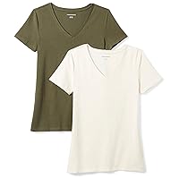 Amazon Essentials Women's Classic-Fit Short-Sleeve V-Neck T-Shirt, Pack of 2, Olive/Oatmeal Heather, Medium