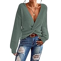 Pink Queen Women's 2023 Casual Pullover Sweaters Sexy V Neck Long Sleeve Twsit Knot Cropped Knit Sweater Tops