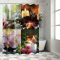 Spa Shower Curtain, Spa Day Collage with Orchids Stone Pebbles Natural Herbal Oils Body and Mind Treatment, Cloth Fabric Bathroom Decor Set with Hooks,