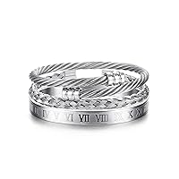 YADOCA 3Pcs Stainless Steel Bracelets for Men Roman Numeral Bangle Bracelet Adjustable Cuff Bracelet Twisted Cable Bracelet Mens Luxury Bracelets Jewelry Gifts Gold/Silver/Black