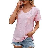 Womens Tops V Neck Eyelet Embroidery Tops Summer Fashion Clothes Loose Fit Casual Short Sleeve Blouse T Shirts