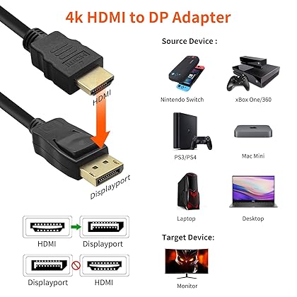 BolAAzuL Active 4K HDMI to Displayport 1.2 Converter Adapter Cable 6FT/1.8M, HDMI Source to DisplayPort Monitor Cable Unidirectional HDMI 1.4 Male to DP 1.2 Male -AHDPC