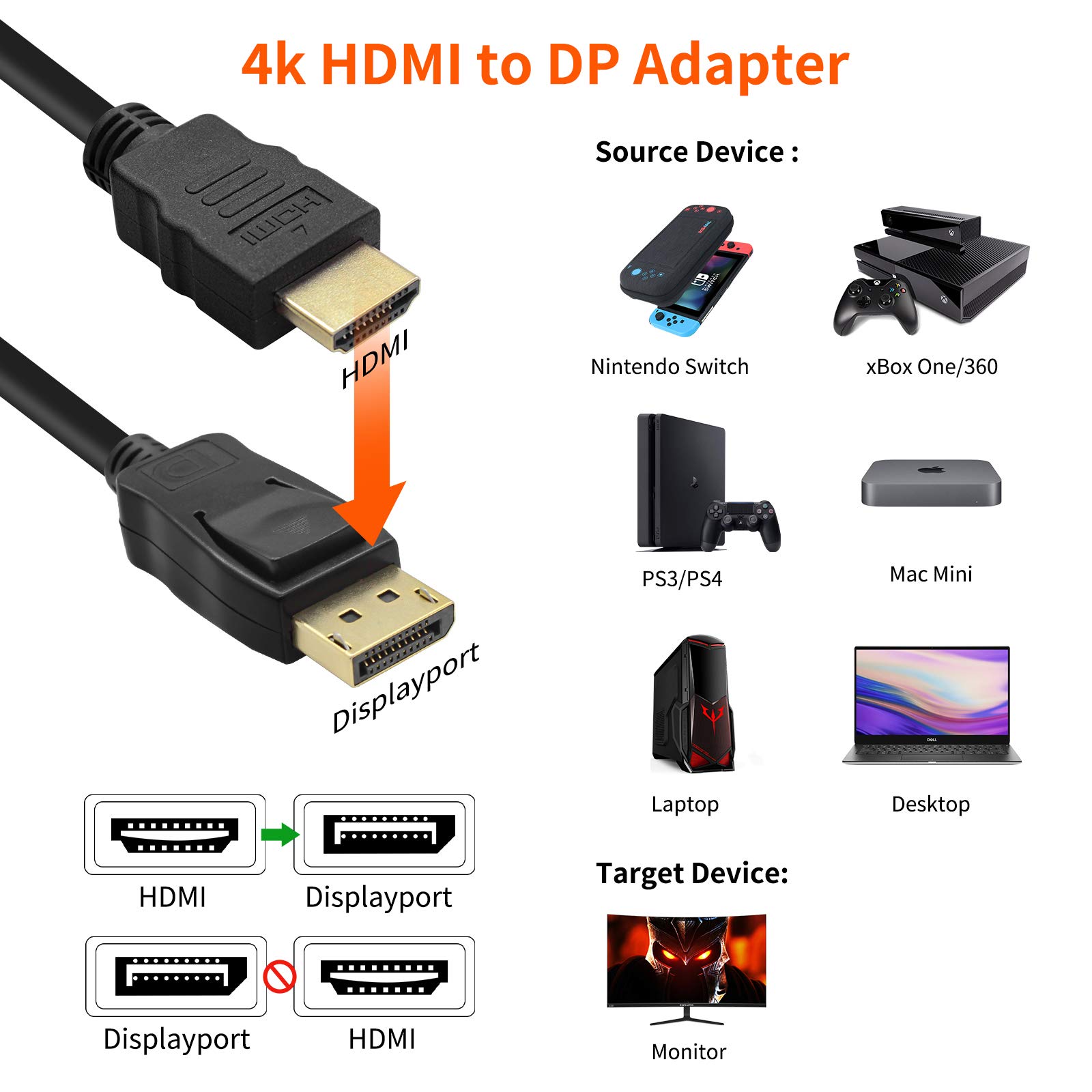 BolAAzuL Active 4K HDMI to Displayport 1.2 Converter Adapter Cable 6FT/1.8M, HDMI Source to DisplayPort Monitor Cable Unidirectional HDMI 1.4 Male to DP 1.2 Male -AHDPC