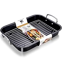 HONGBAKE Small Roasting Pan with Flat Rack, Nonstick Chicken Roaster Tray, Mini Oven Pans for Cooking Lasagna with Stainless Steel Handles, 16 X 11Inch