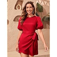 Women's Dress Solid Puff Sleeve Tie Front Dress (Color : Red, Size : Large)