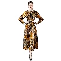 LAI MENG FIVE CATS Women's Elegant Pleated Round Neck Long Sleeves Print Maxi Casual Flowy Party Dress