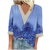 Women's Dressy Tops Summer Shirt Blouses Casual Loose 3/4 Sleeve Lace Trims Tree Print V Neck Tops Tops Shirts Tee