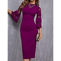 Women's Dress Solid Contrast Mesh Sleeve Split Hem Fitted Dress Women's Dress (Color : Purple, Size : Medium)