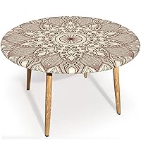 Brown Mandala Round Tablecloth,Table Cover for Indoor Outdoor Party Waterproof Oil-Proof Stain-Resistant,Round Tablecloth with Elastic Edges,Brown Ivory- Fits Tables to 22″ - 27”