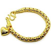 Chain Gorgeous Heart Charm Thai Baht Yellow Gold Plated Filled Bangle 23k 24k Bracelet Jewelry 7.5 inch