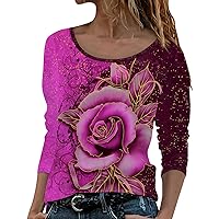 Long Sleeve Shirts for Women Workout Set Womens Fashion Long Sleeve Round Neck Rose Flower Print T Shirt Top A