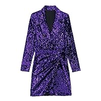 Women Notched Collar Shinning Sequined Mini Shirt Dress Female Chic Side Knotted Suit Style Party Vestidos
