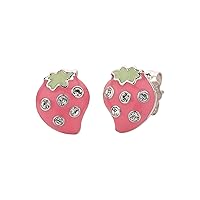 Sterling Silver Enamel Red and Green Strawberry Studs with stones, Post Earrings, Sterling Silver earning for girls Kids Jewelry, Jewelry for Teenagers in Black Kitty Face shape