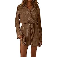 LYANER Women's Collar V Neck Button Down Pleated Long Sleeve Mini Shirt Dress with Belt