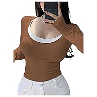 COZYEASE Women's Slim Fitted Ribbed Knit Tees Long Sleeve Scoop Neck T Shirts 2 in 1colorblock Tee Tops
