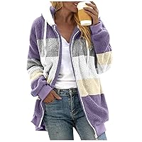 Womens Sherpa Coat 2023 Winter Fuzzy Fleece Jacket Hooded Color Block Patchwork Cardigan Coats Outerwear with Pockets