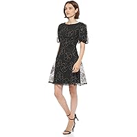 DKNY Women's Puff Sleeve Embroidered Fit & Flare