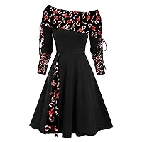Winter Christmas Retro Dress Womens Off Shulder Long Sleeve Cocktail A-Line Swing Dress Lace-Up Capelet Prom Gown