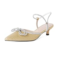 Eldof Women's Rhinestone Bow Heels Sparkly Ankle Strap Closed Pointed Toe Kitten Low Heel Pumps 1.5 Inches